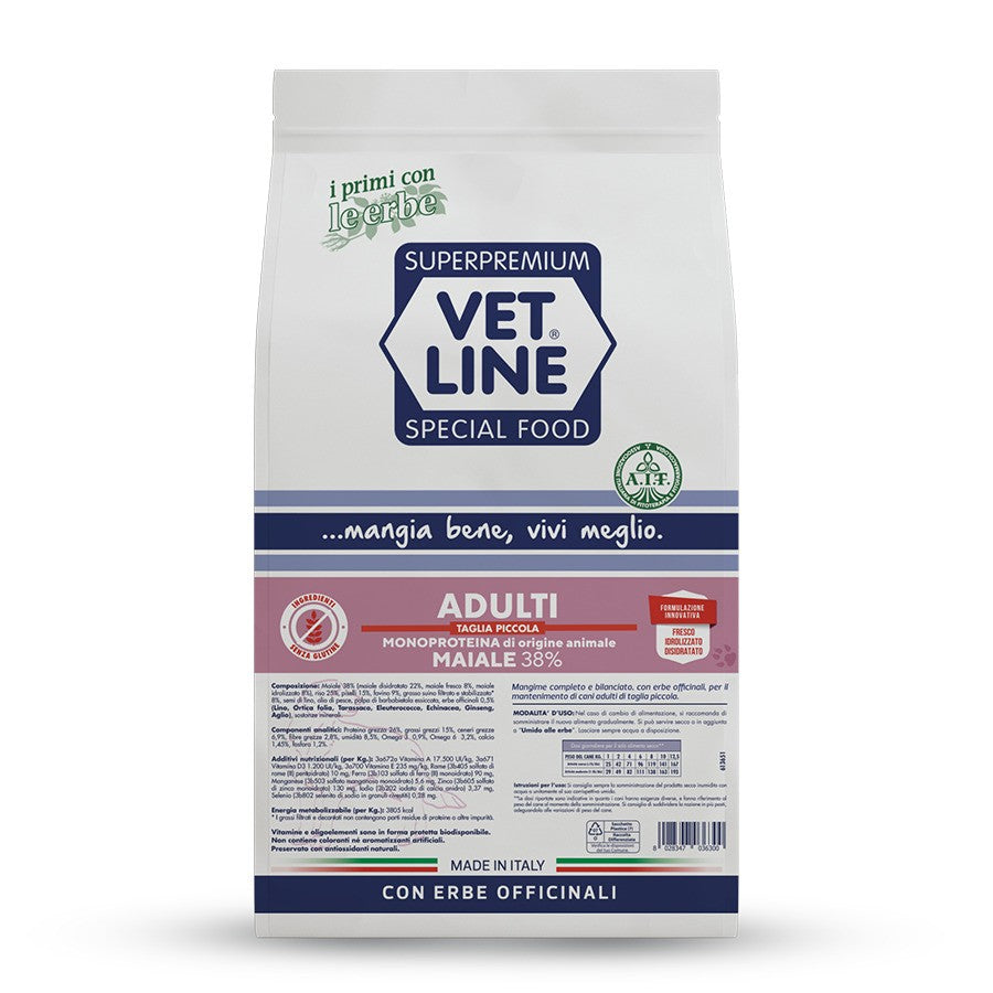 Sacco alimento secco Vet Line Adulti Taglia Piccola Maiale 12,5 kg per cani adulti di taglia piccola monoproteico con carne di maiale ed erbe officinali.
