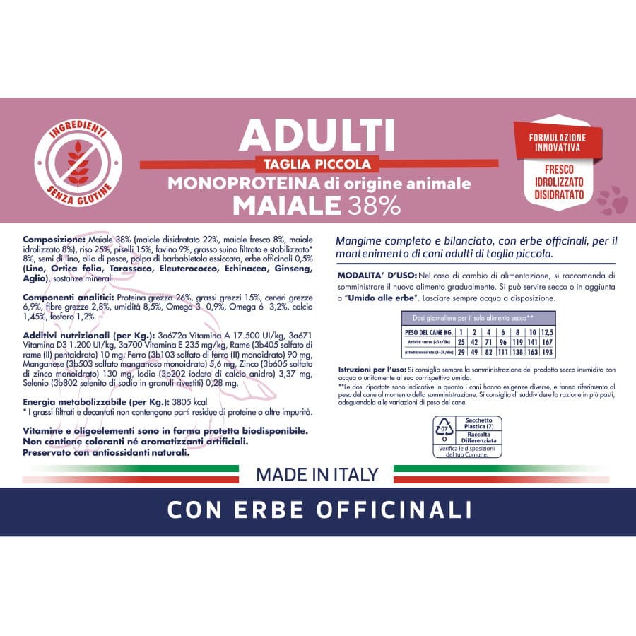 Sacco alimento secco Vet Line Adulti Taglia Piccola Maiale 12,5 kg per cani adulti di taglia piccola monoproteico con carne di maiale ed erbe officinali.