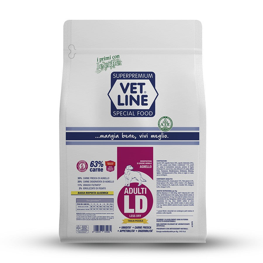 Sacchetto Vet Line Less Dry Agnello 800 g per cani adulti taglia piccola