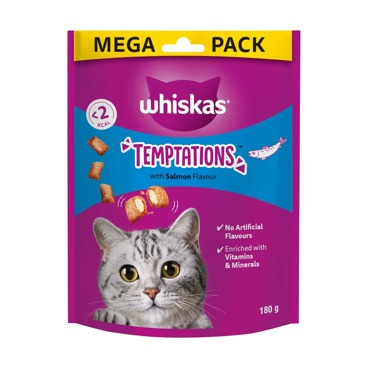 Whiskas Temptations snack per gatti adulti 180g gusto salmone, croccante fuori e morbido dentro