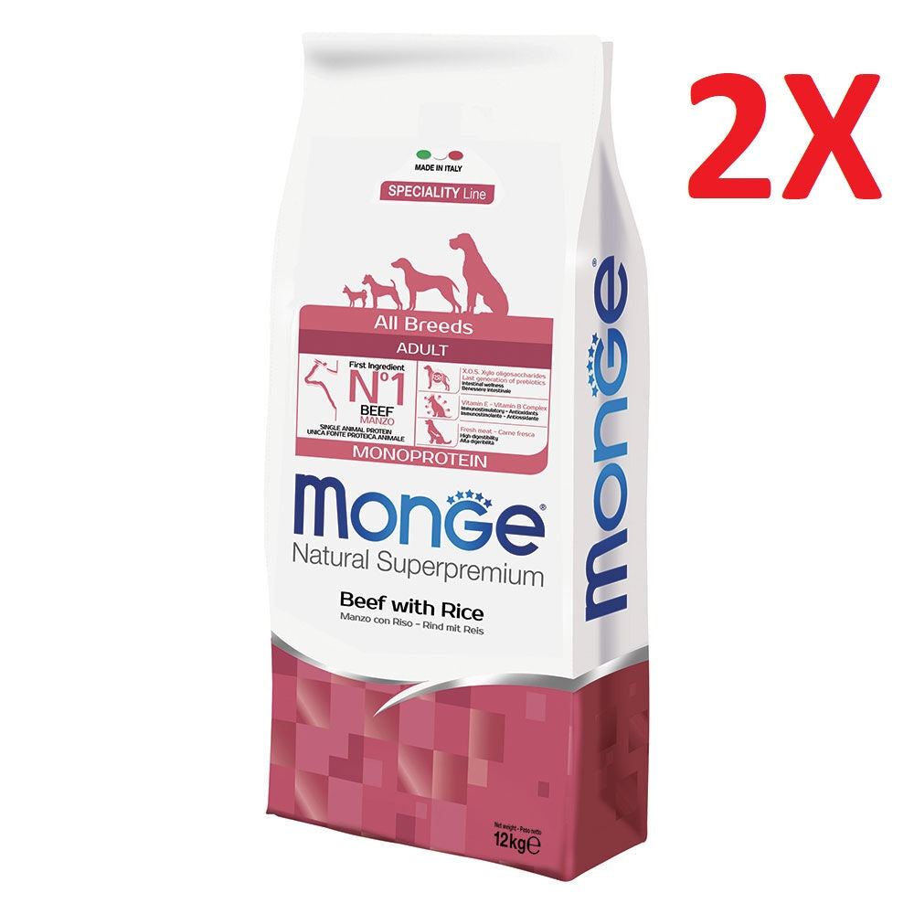 Monge All Breeds Adult Monoprotein Manzo con Riso 12kg Crocchette per cani - 2 Sacchi