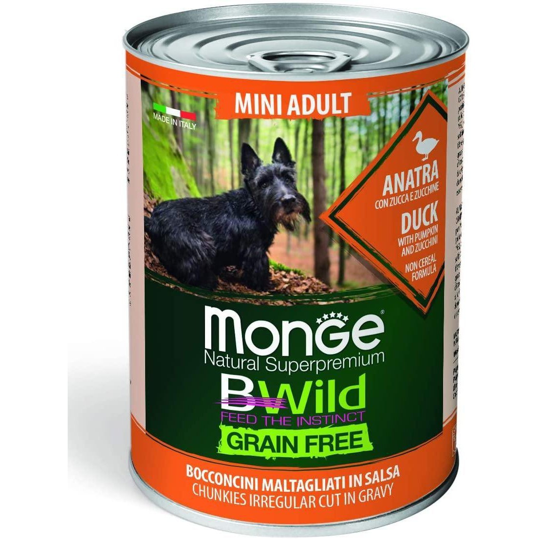 Monge BWild Grain Free Mini Adult Anatra Zucca e Zucchine 400gr Alimento umido per Cani