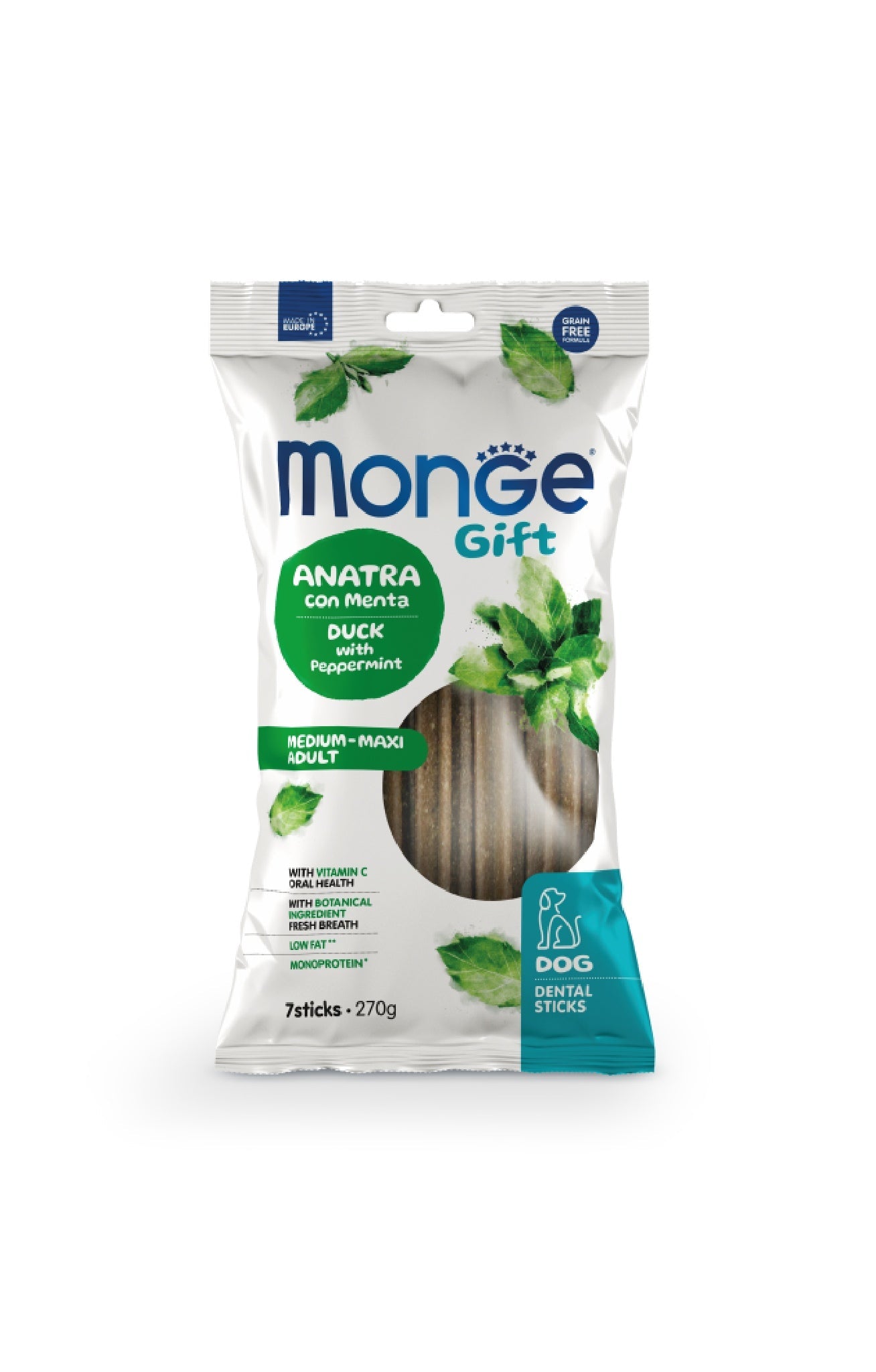 Monge Gift Dental Sticks Anatra e Menta Snack per Cani Medium/Maxi Adult 270 Gr