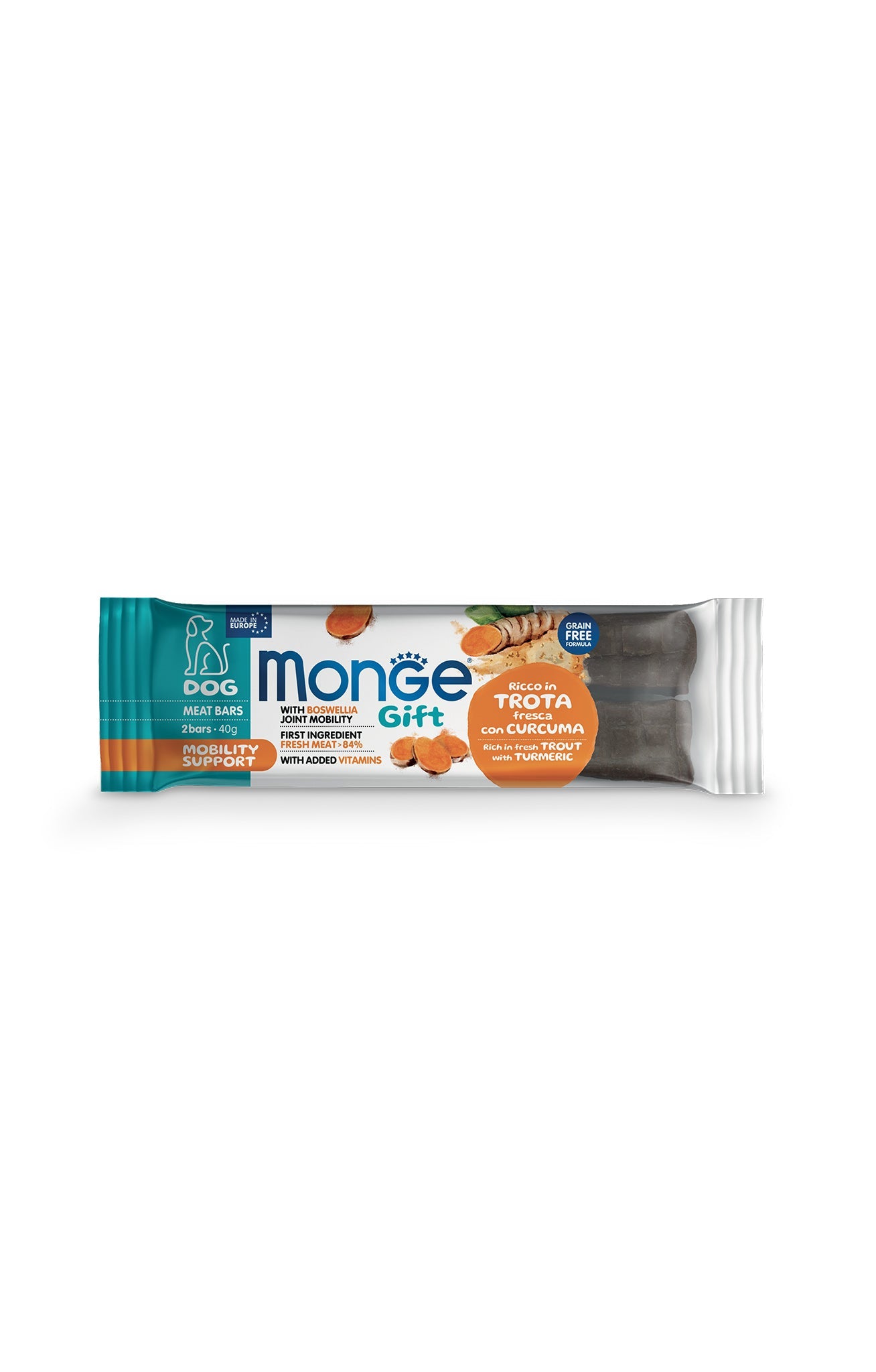 Monge Gift Meat Bars Mobility Support Trota Boswellia e Curcuma Snack Cane 40 Gr