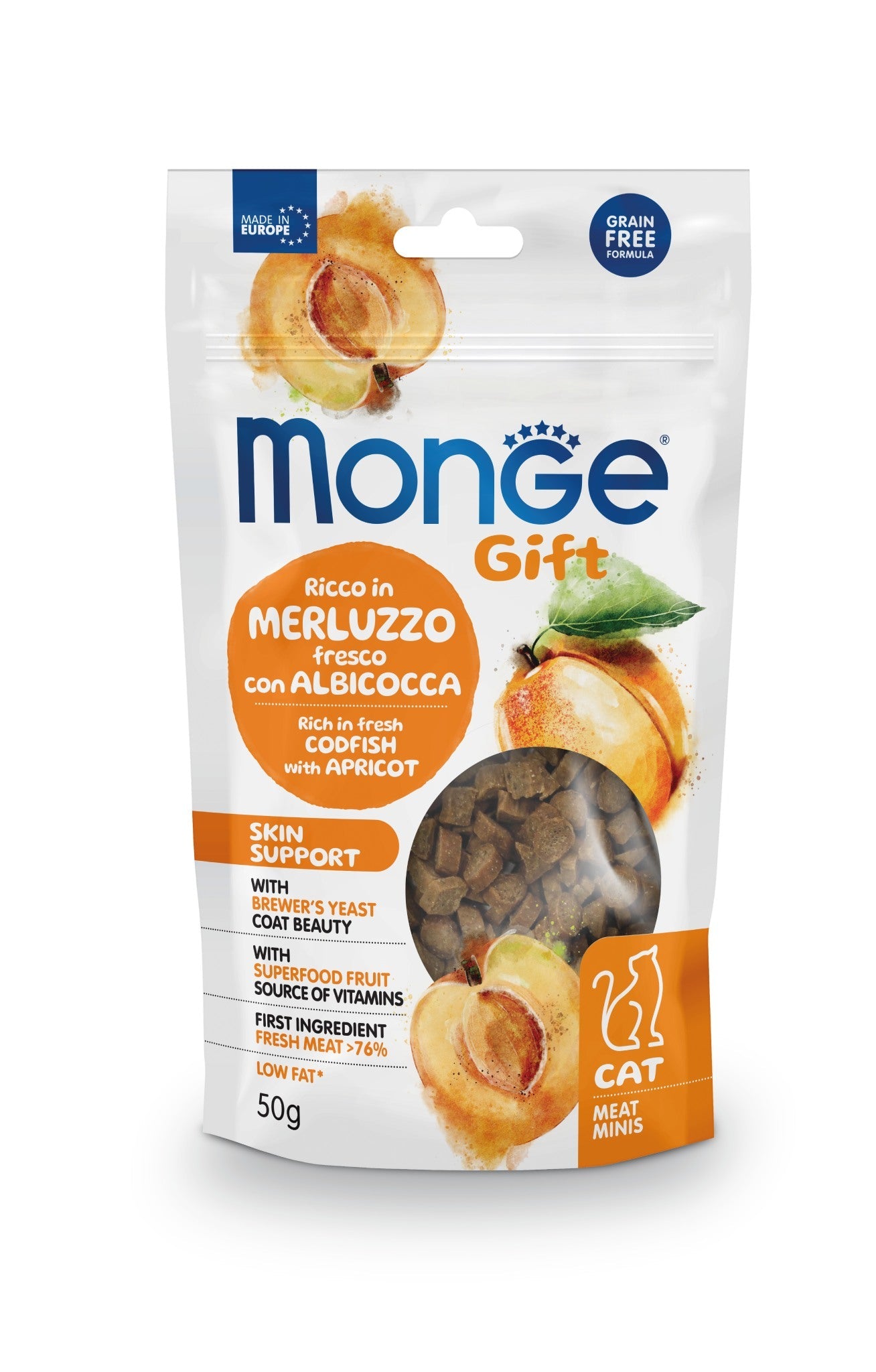 Monge Gift Meat Minis Skin Support Merluzzo e Albicocca Snack Gatto 50 Gr
