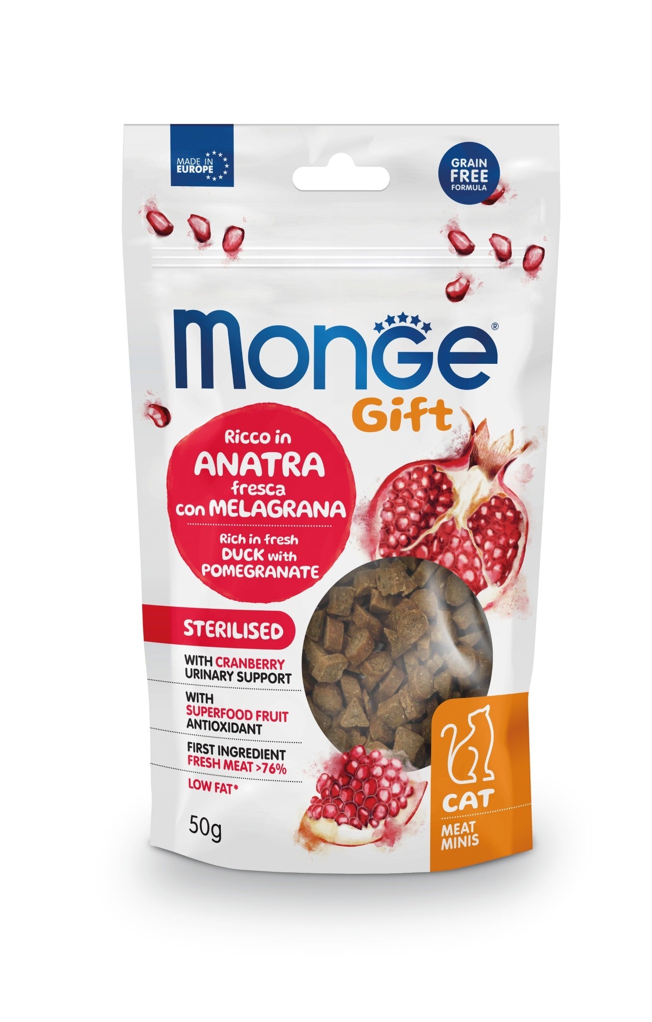 Monge Gift Meat Minis Sterilizzati Anatra e Melagrana Snack Gatto 50 Gr