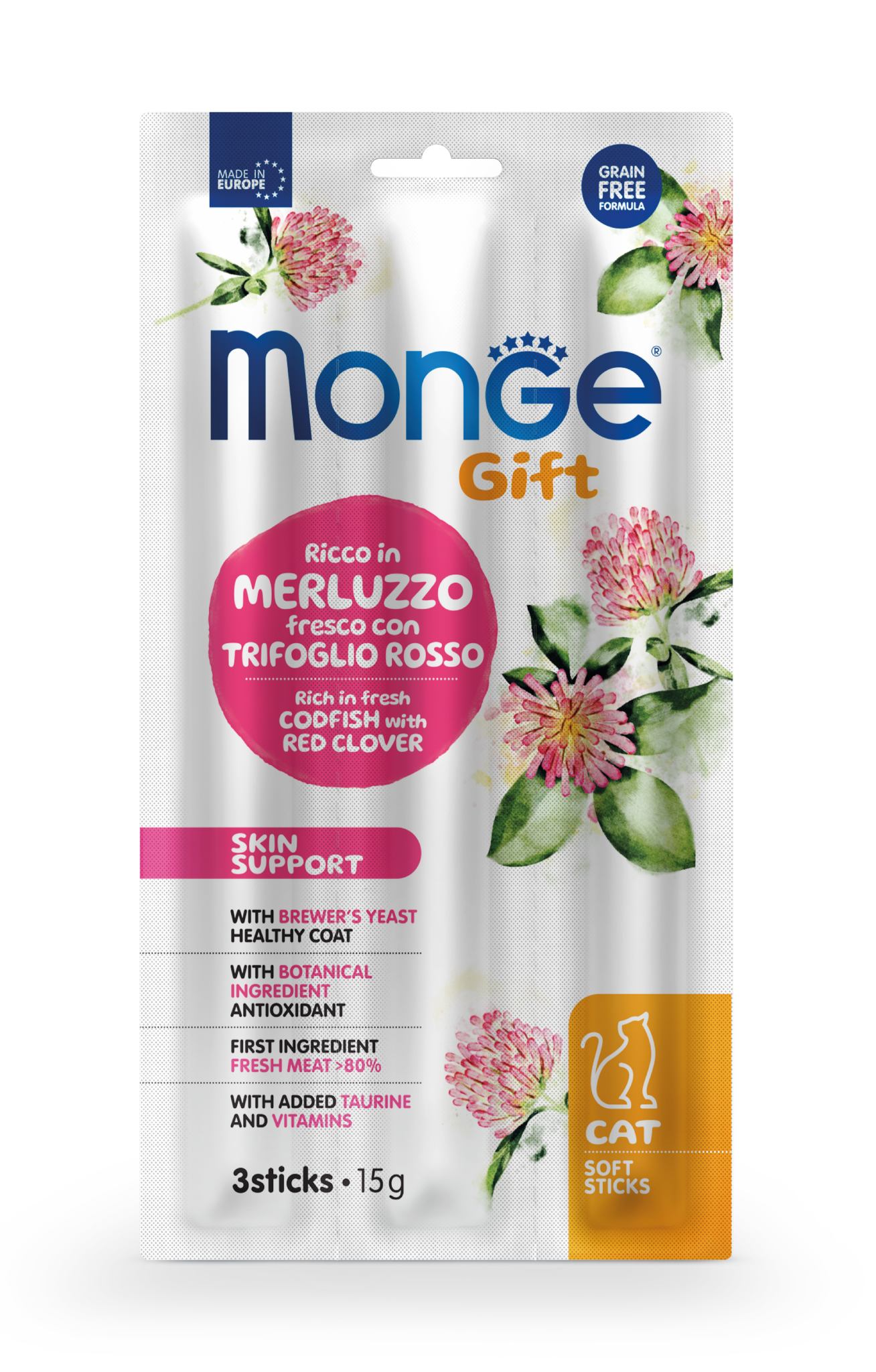 Monge Gift Soft Sticks Skin Support Merluzzo Trifoglio Rosso Snack per Gatto 15 Gr
