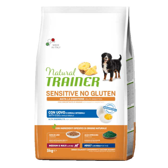 Natural Trainer Adult Sensitive No Gluten Uova e Cereali Integrali Medium e Maxi 3 Kg