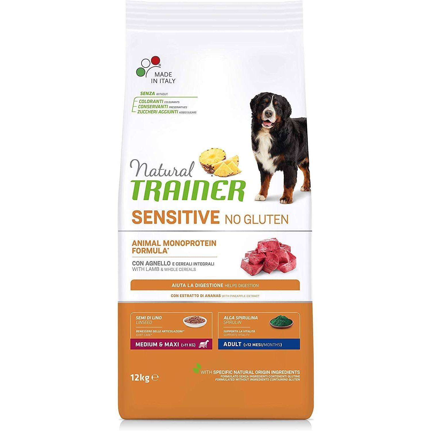 Natural Trainer Sensitive No Gluten - Cibo Secco per Cani Medium&Maxi Adult, con Agnello e Cereali Integrali, 12 kg
