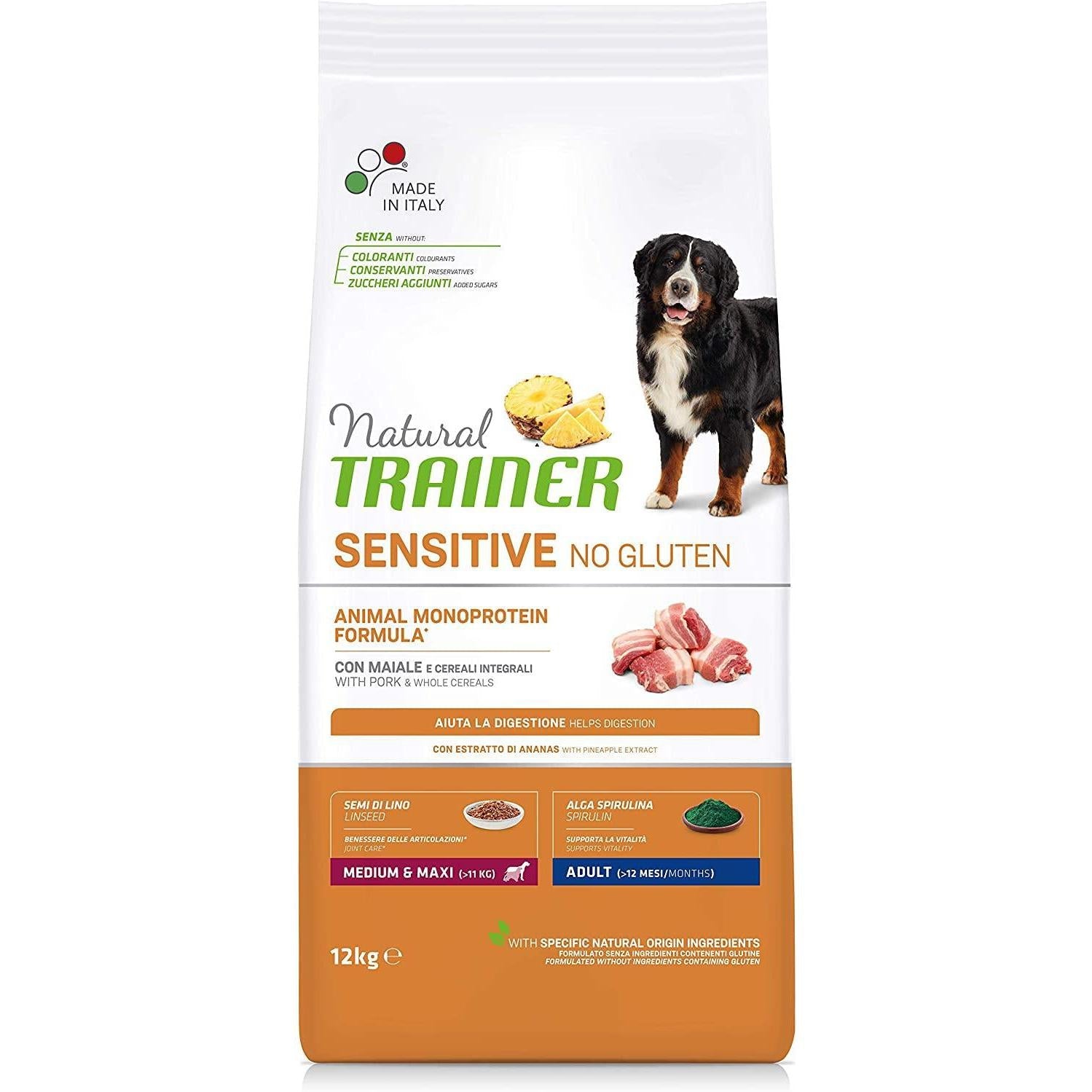 Natural Trainer Sensitive No Gluten - Cibo Secco per Cani Medium&Maxi Adult, con Maiale e Cereali Integrali, 12 kg