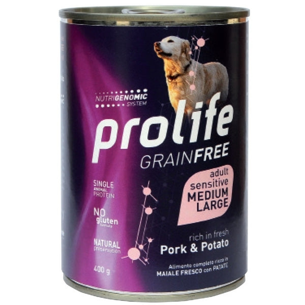 Alimento umido Prolife Grain Free Sensitive Maiale Patate 400 g per cani adulti sensibili