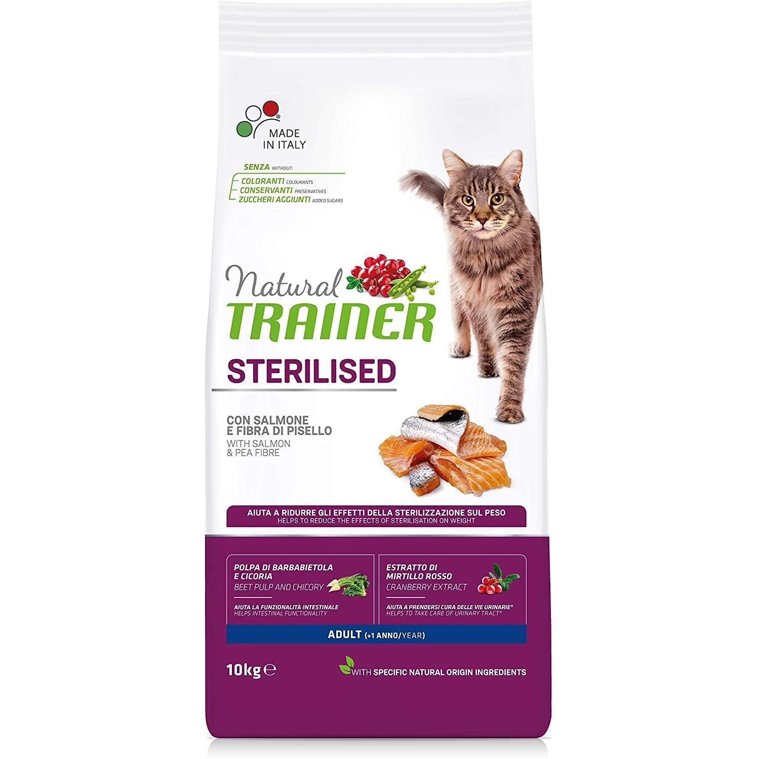 Trainer Natural - Cibo Secco per Gatti Adulti Sterilizzati, Con Salmone e Fibra di Pisello 10 kg