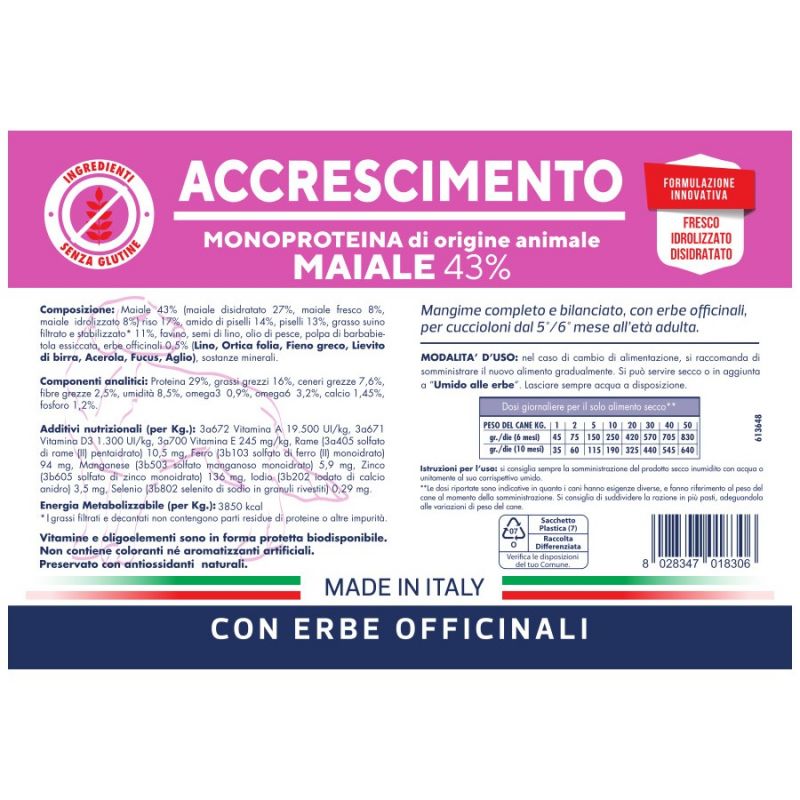 Vet Line Crocchette Cane Accrescimento - Maiale 12,5 Kg