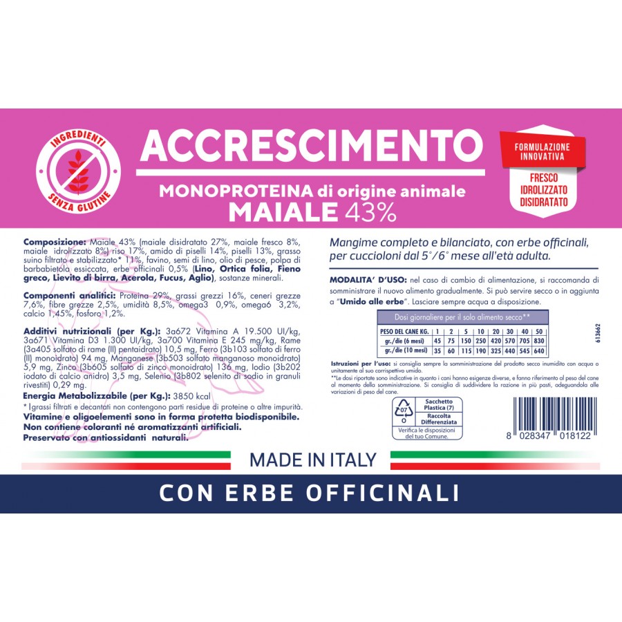 Vet Line Crocchette Cane Accrescimento - Maiale 3 Kg