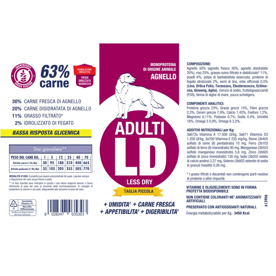 Vet Line Secco Cani Adulti Taglia Piccola Less Dry Agnello 3 Kg