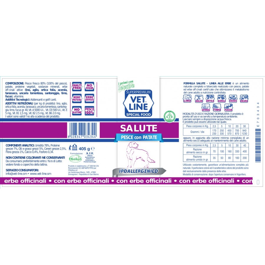 Vet Line Umido Cane Salute Pesce e Patate 400 Gr